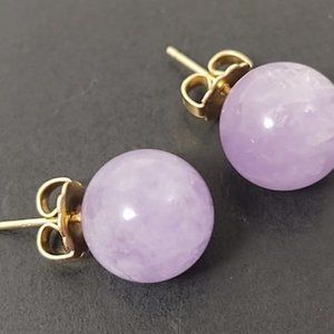 VINTAGE 14K GOLD NATURAL 10mm AMETHYST BEAD STUD EARRINGS